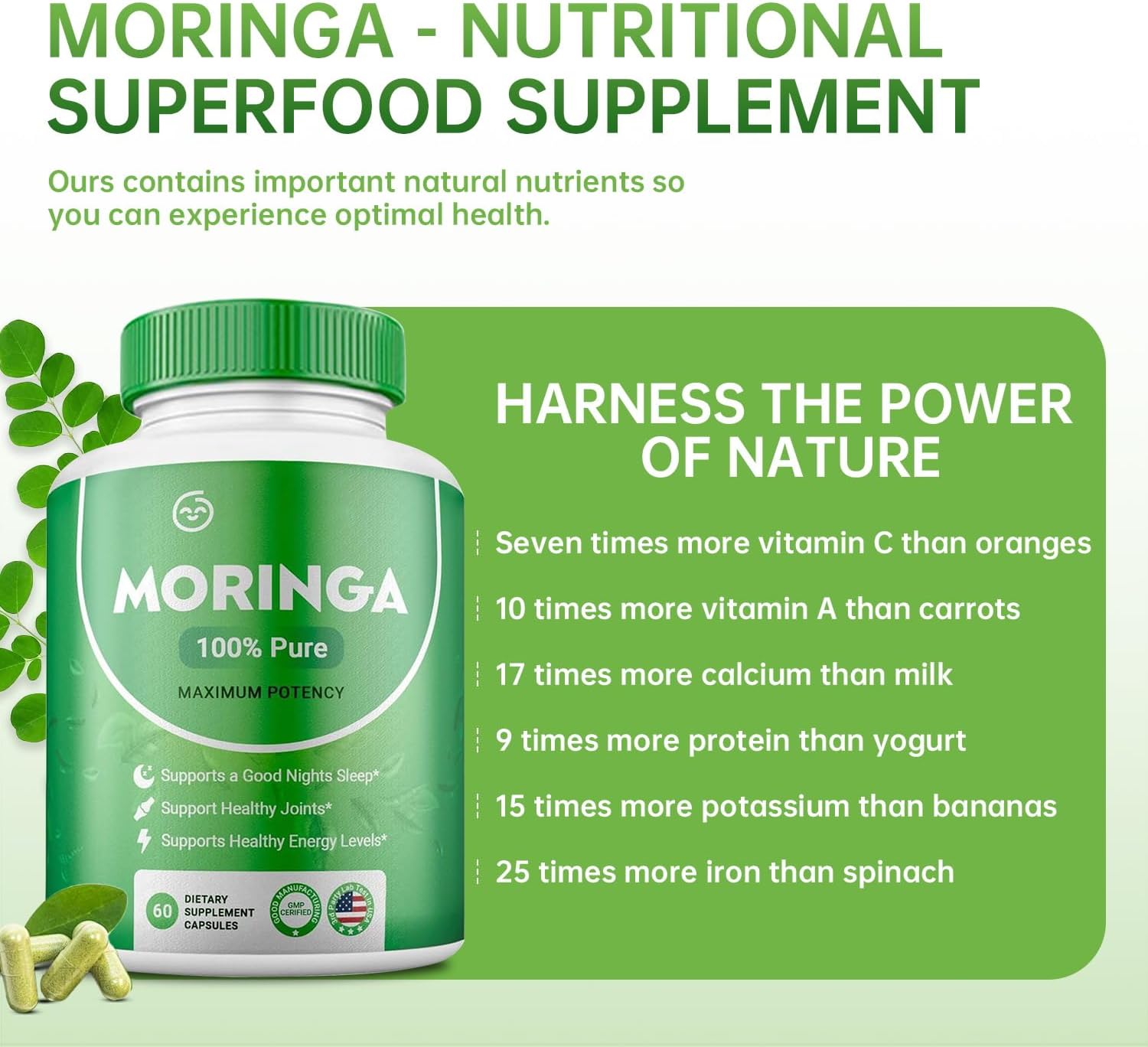 Organic Moringa Capsules - Nutrient-Dense Superfood for Energy, Skin & Gut Health - Rich in Antioxidants, Vitamins, Amino Acids - 1 Pack