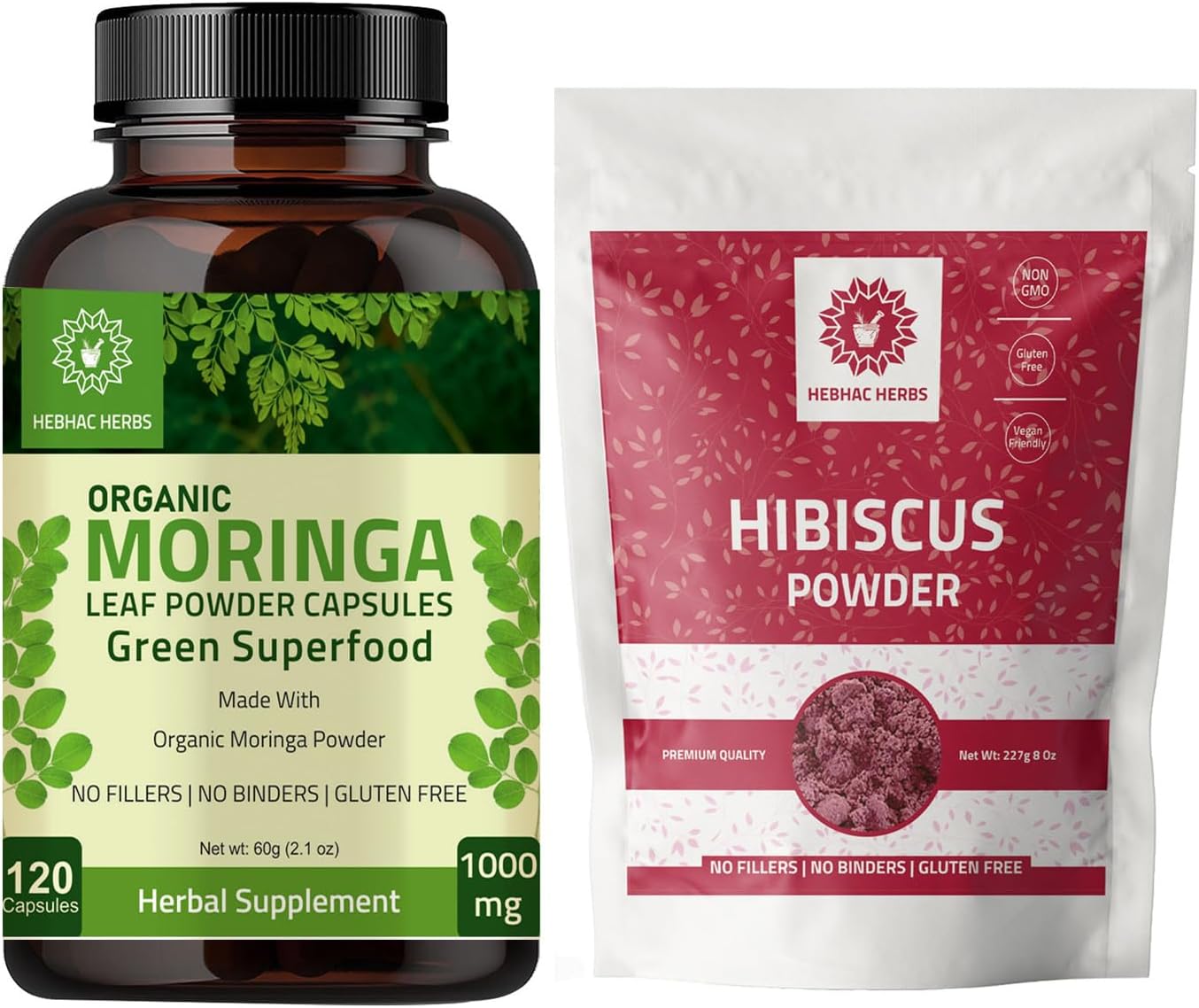 Organic Moringa Capsules 1000mg with Hibiscus Powder - 120 Capsules, 227g