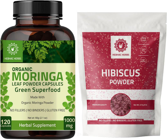 Organic Moringa Capsules 1000mg with Hibiscus Powder - 120 Capsules, 227g