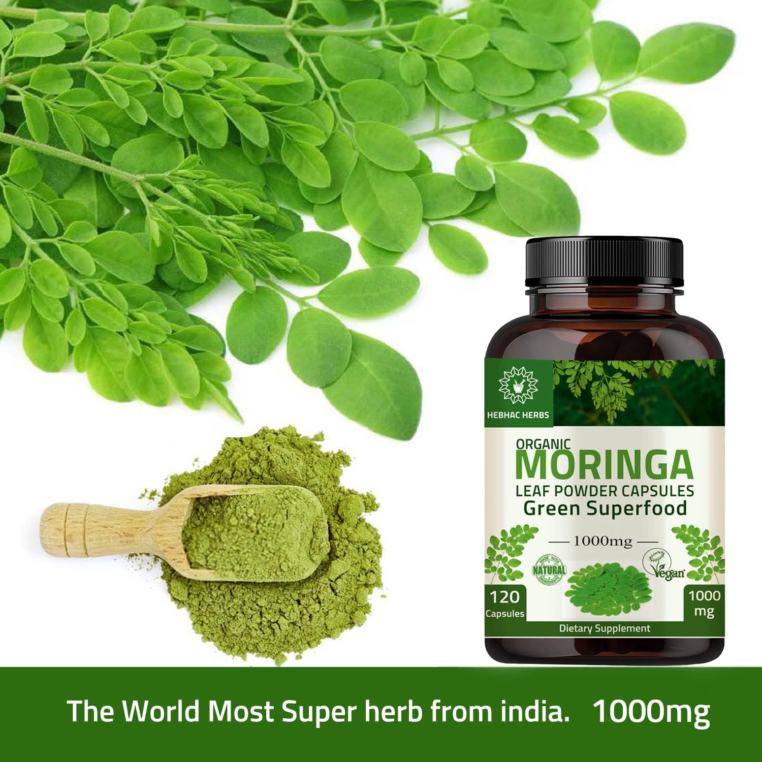 Organic Moringa Capsules 1000mg with Hibiscus Powder - 120 Capsules, 227g