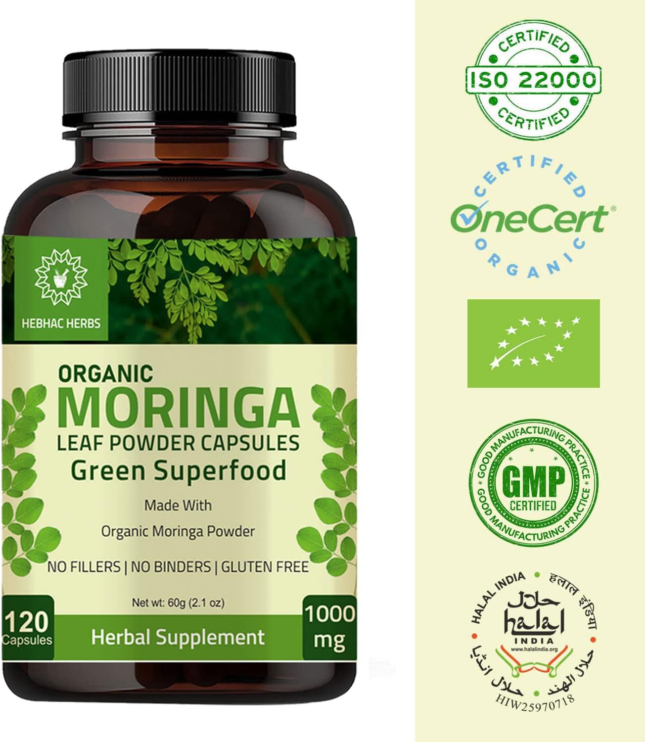 Organic Moringa Capsules 1000mg with Hibiscus Powder - 120 Capsules, 227g