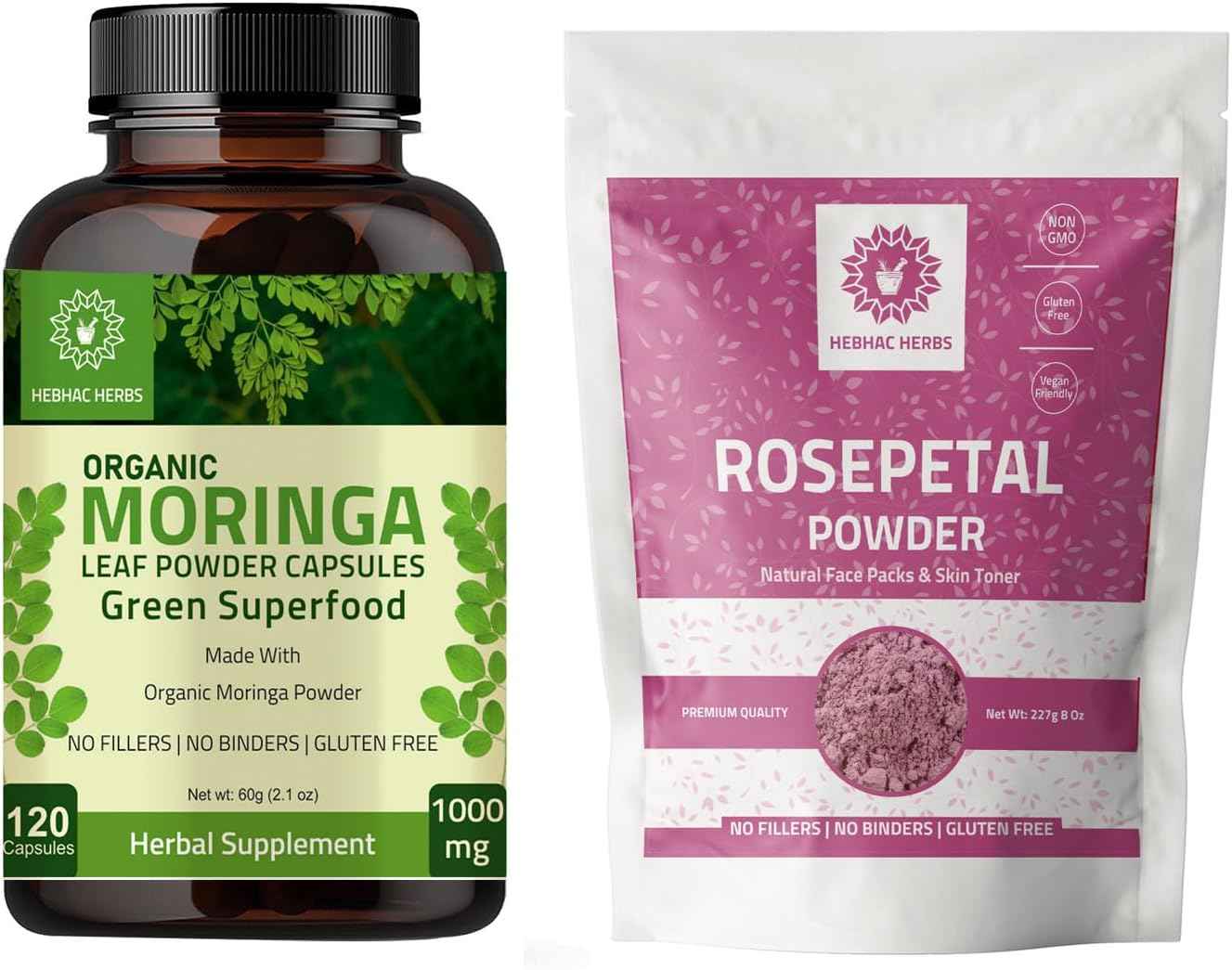 Organic Moringa Capsules 120 Capsules 1000mg and Rose Petal Powder 227g | Rose Petal Flower Powder 8 oz |