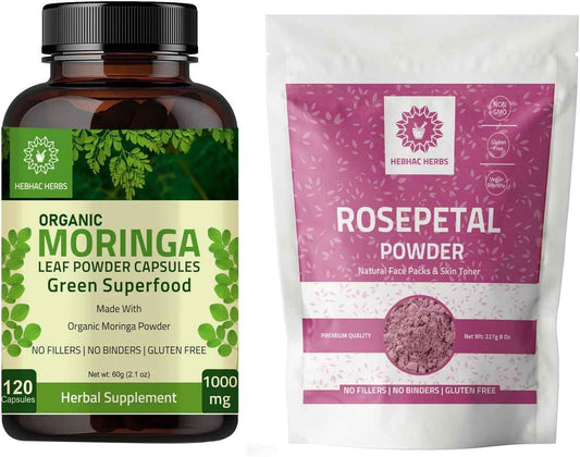 Organic Moringa Capsules 120 Capsules 1000mg and Rose Petal Powder 227g | Rose Petal Flower Powder 8 oz |