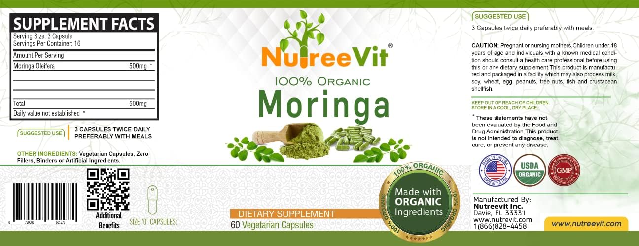 Organic Moringa Leaf Extract Capsules - NutreeVit 240 Pure Moringa Powder Capsules