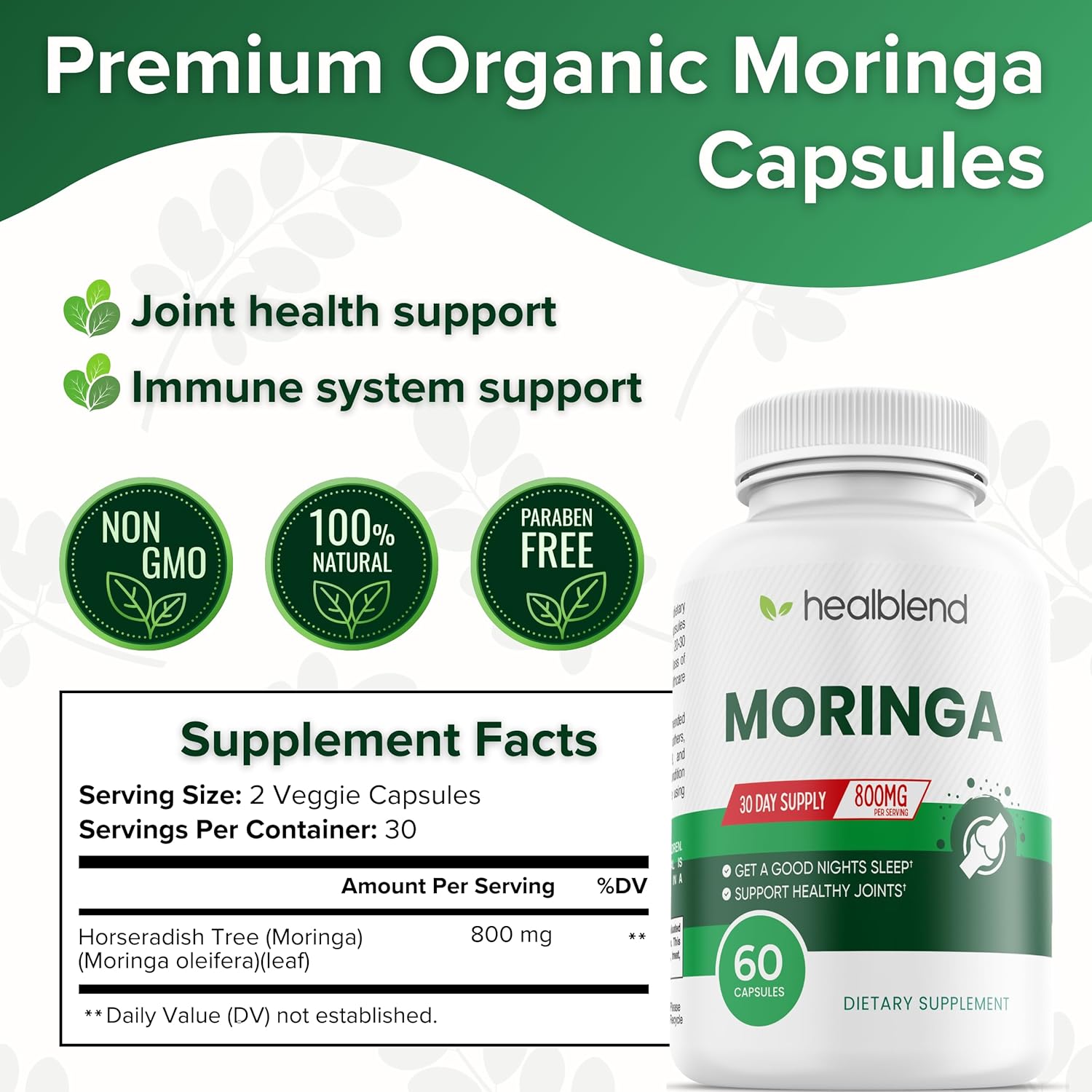 Organic Moringa Leaf Powder Capsules - Superfood Supplement for Energy, Mood, Skin, Gut Health & Immune Support - 30 Day Supply