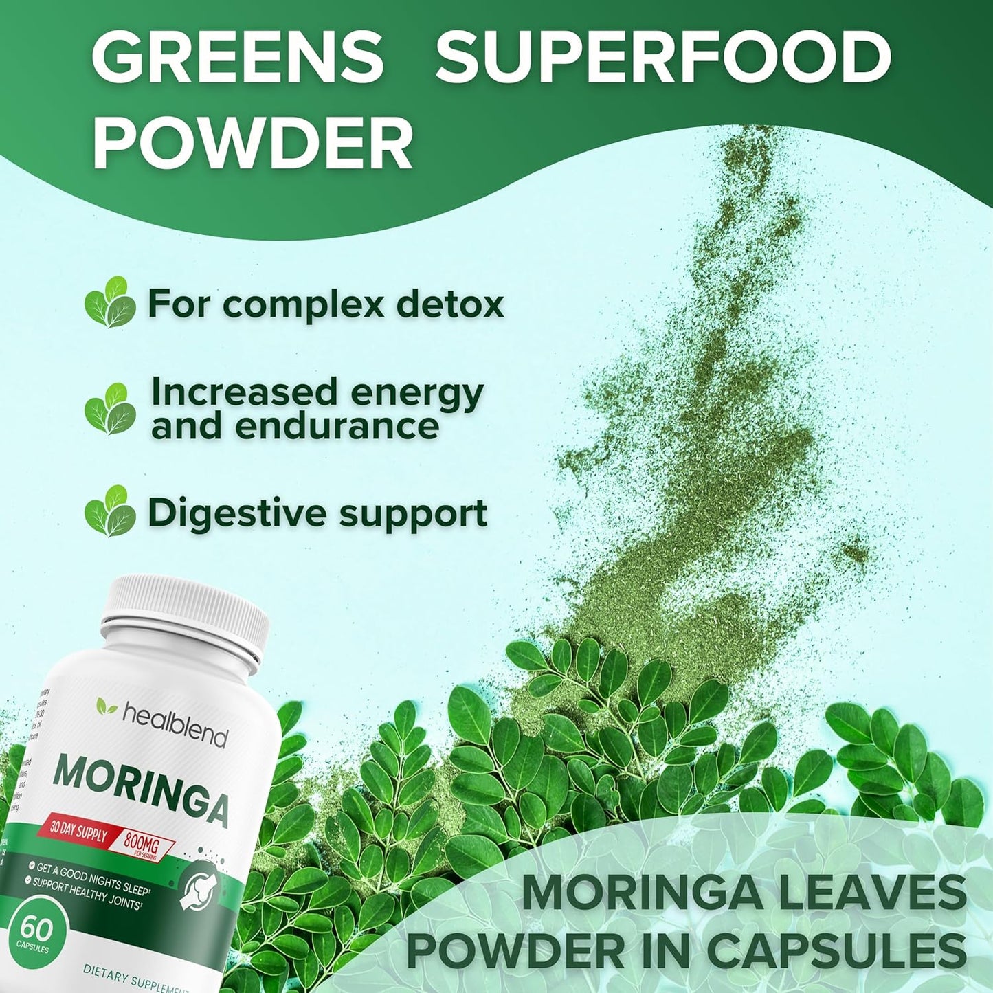 Organic Moringa Leaf Powder Capsules - Superfood Supplement for Energy, Mood, Skin, Gut Health & Immune Support - 30 Day Supply