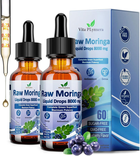Organic Moringa Liquid Drops 2 Pack - 8000mg High Potency Leaf Extract with Supergreens for Antioxidant, Energy & Immune Support