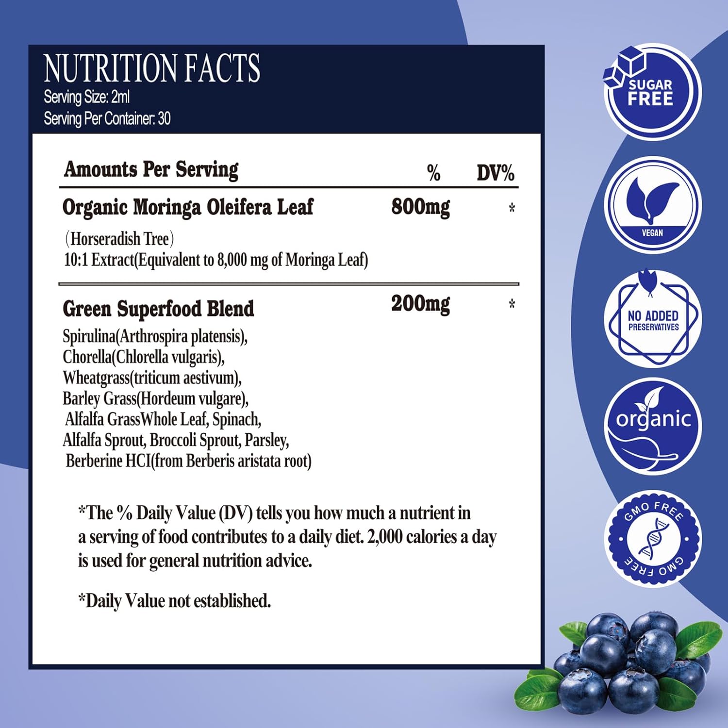 Organic Moringa Liquid Drops 2 Pack - 8000mg High Potency Leaf Extract with Supergreens for Antioxidant, Energy & Immune Support