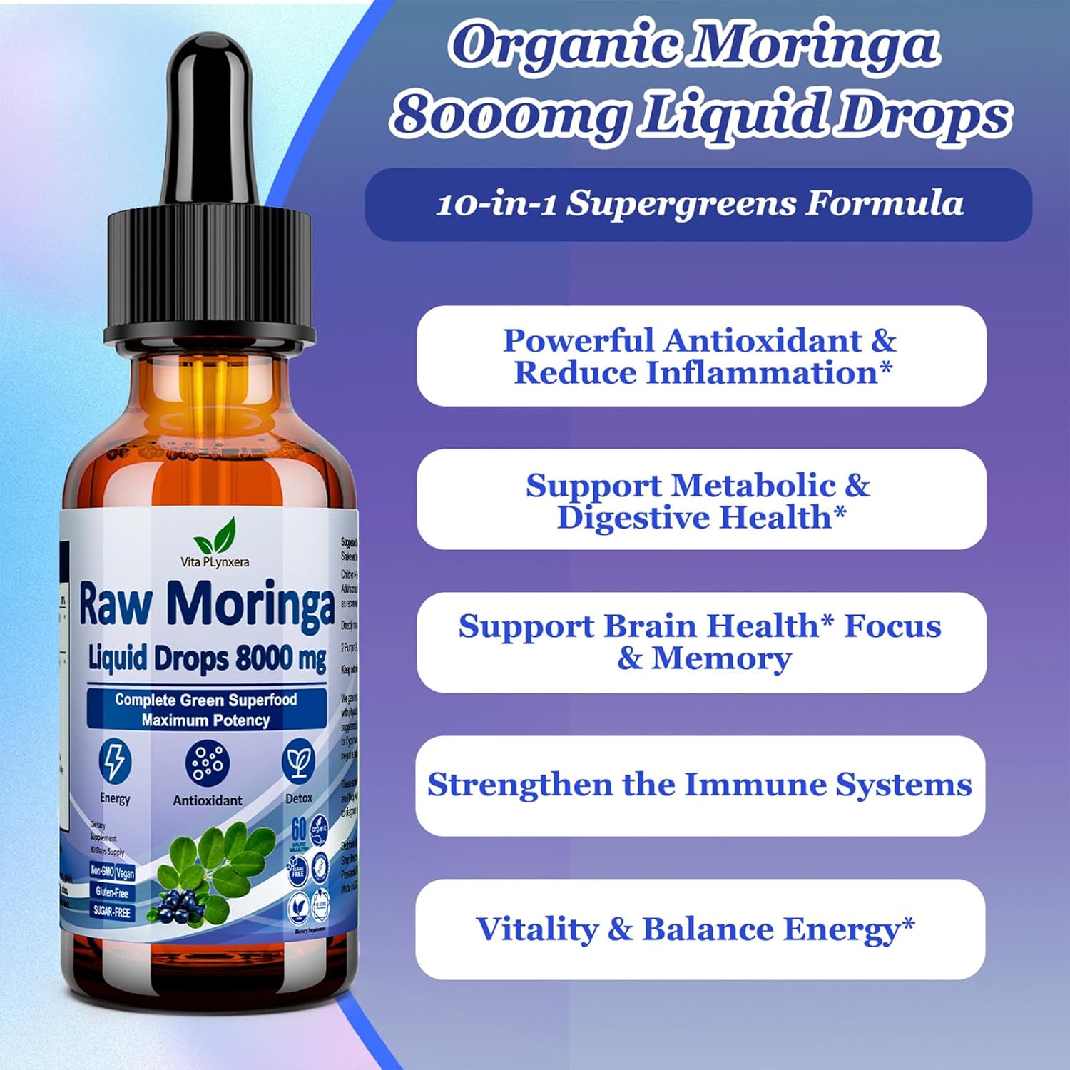Organic Moringa Liquid Drops 2 Pack - 8000mg High Potency Leaf Extract with Supergreens for Antioxidant, Energy & Immune Support