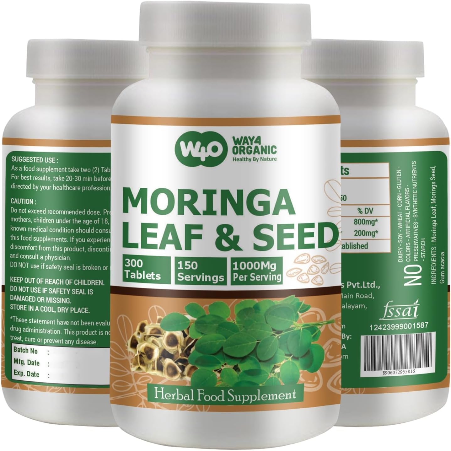 Organic Moringa Oleifera Leaf and Seed Powder Pills 300 Tablets 1000mg, Uncoated Malunggay Herbal Supplement, Green Superfood Pack of 1