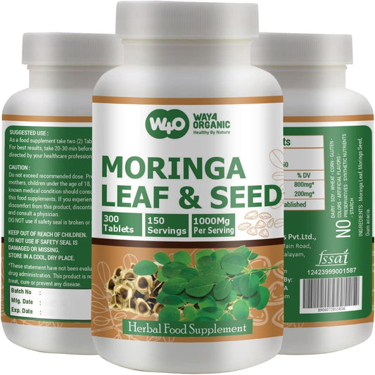 Organic Moringa Oleifera Leaf and Seed Powder Pills 300 Tablets 1000mg, Uncoated Malunggay Herbal Supplement, Green Superfood Pack of 1