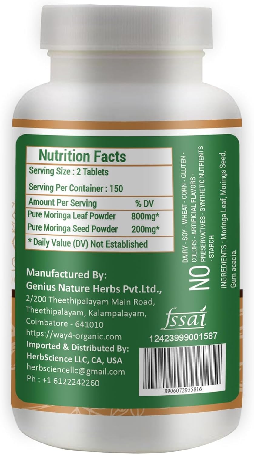 Organic Moringa Oleifera Leaf and Seed Powder Pills 300 Tablets 1000mg, Uncoated Malunggay Herbal Supplement, Green Superfood Pack of 1