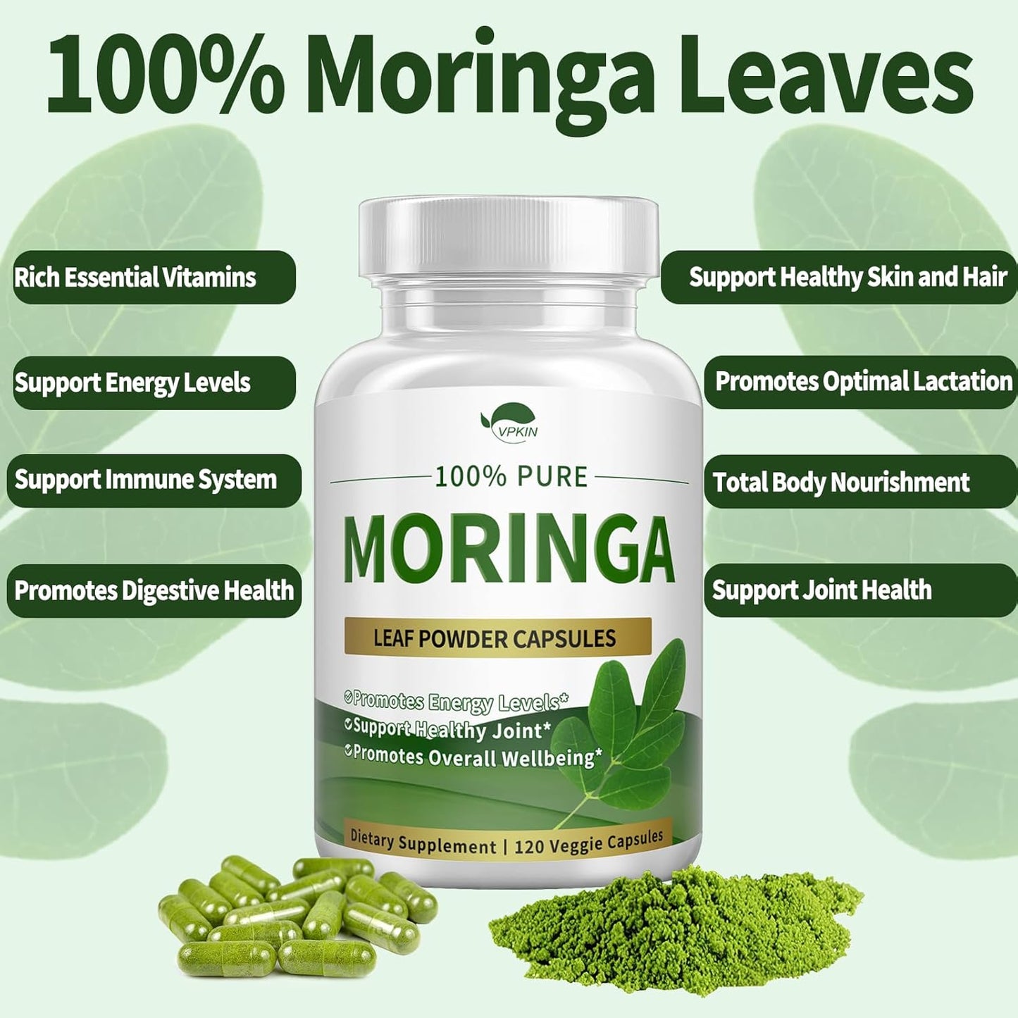 Organic Moringa Oleifera Leaf Powder Capsules - 1000mg Supplement for Energy, Immunity, and Joint Health - Vegan & Non-GMO - 120 Caps