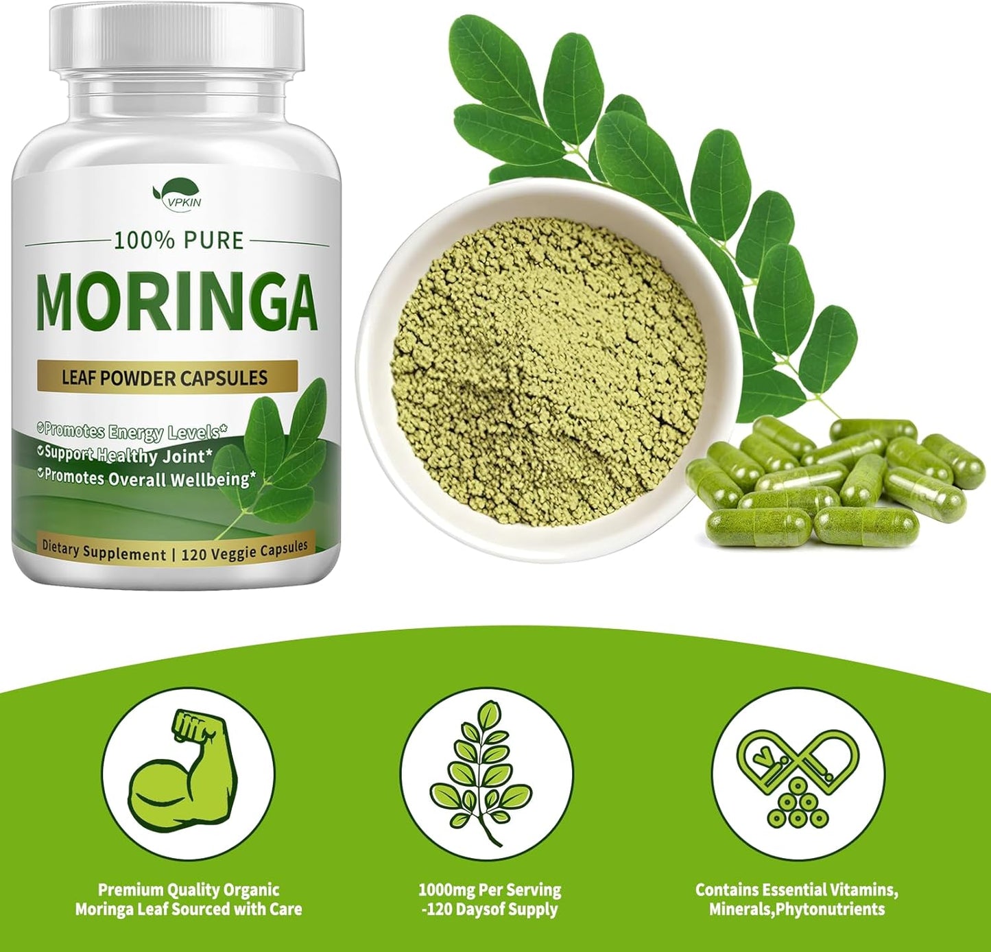 Organic Moringa Oleifera Leaf Powder Capsules - 1000mg Supplement for Energy, Immunity, and Joint Health - Vegan & Non-GMO - 120 Caps