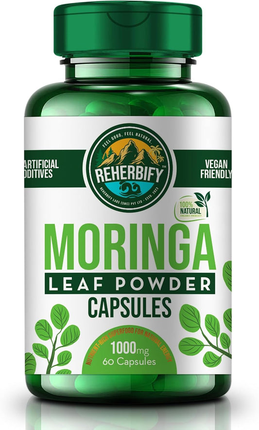 Organic Moringa Oleifera Leaf Powder Capsules 1000mg - 60 Caps | Immunity Boost & Wellness Support | ReHerbify