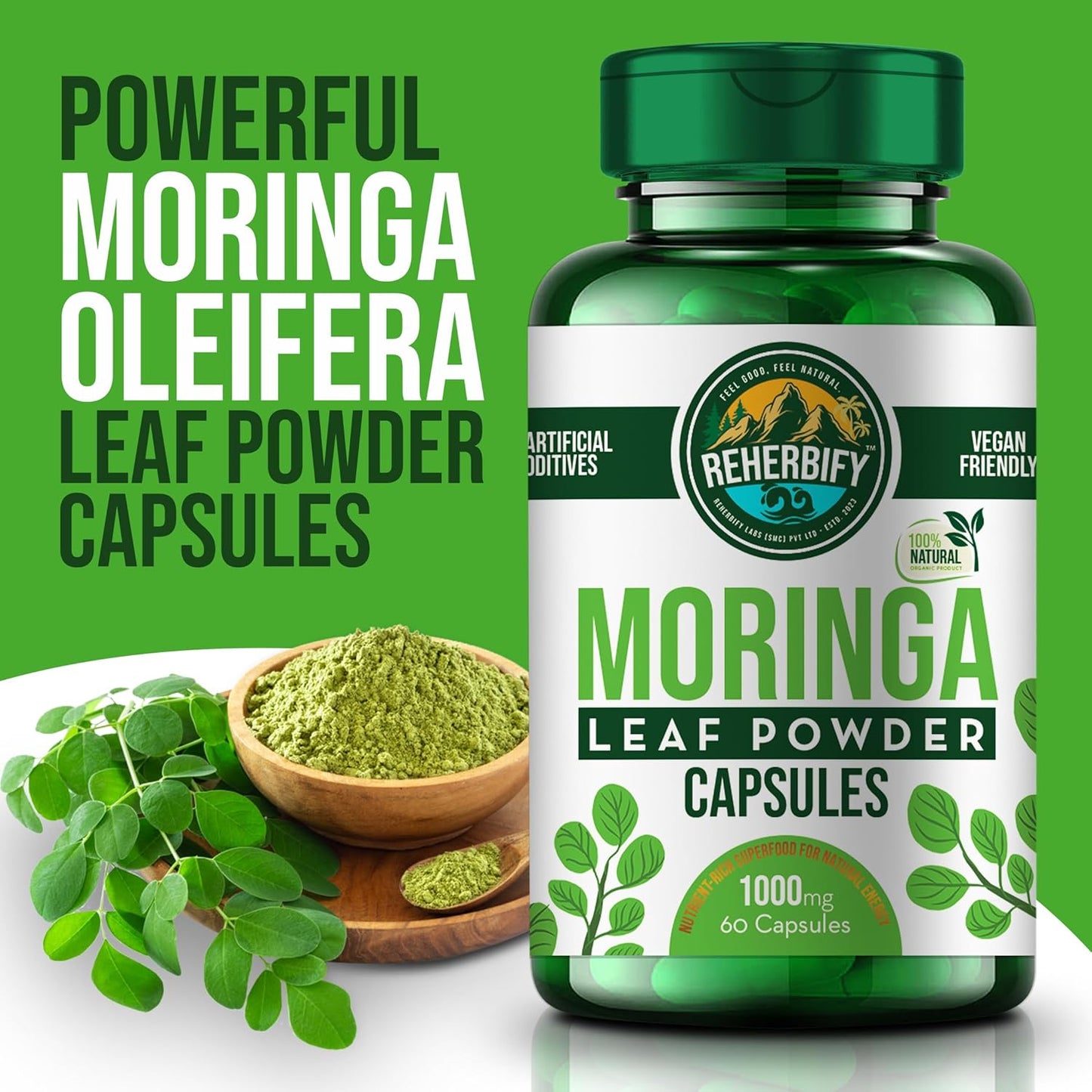 Organic Moringa Oleifera Leaf Powder Capsules 1000mg - 60 Caps | Immunity Boost & Wellness Support | ReHerbify