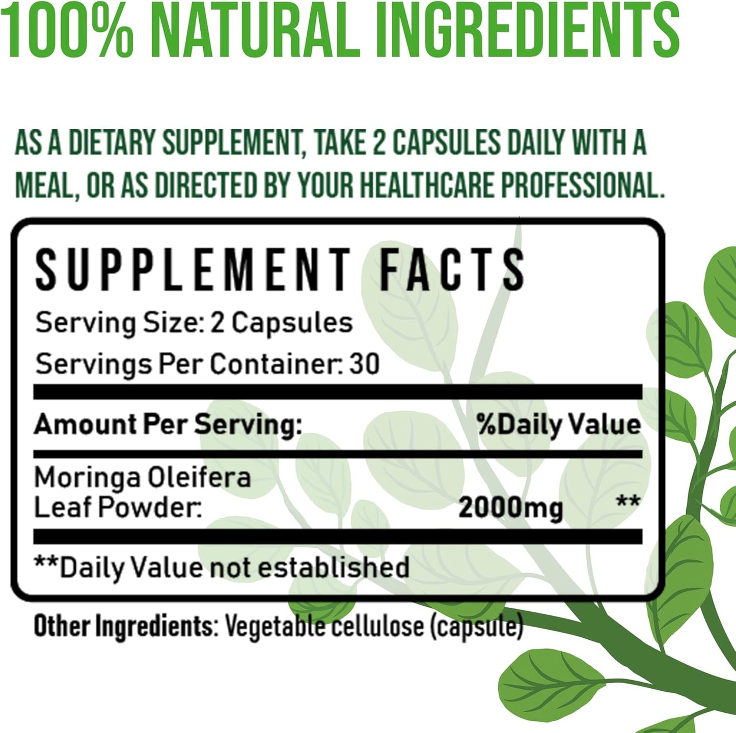 Organic Moringa Oleifera Leaf Powder Capsules 1000mg - 60 Caps | Immunity Boost & Wellness Support | ReHerbify