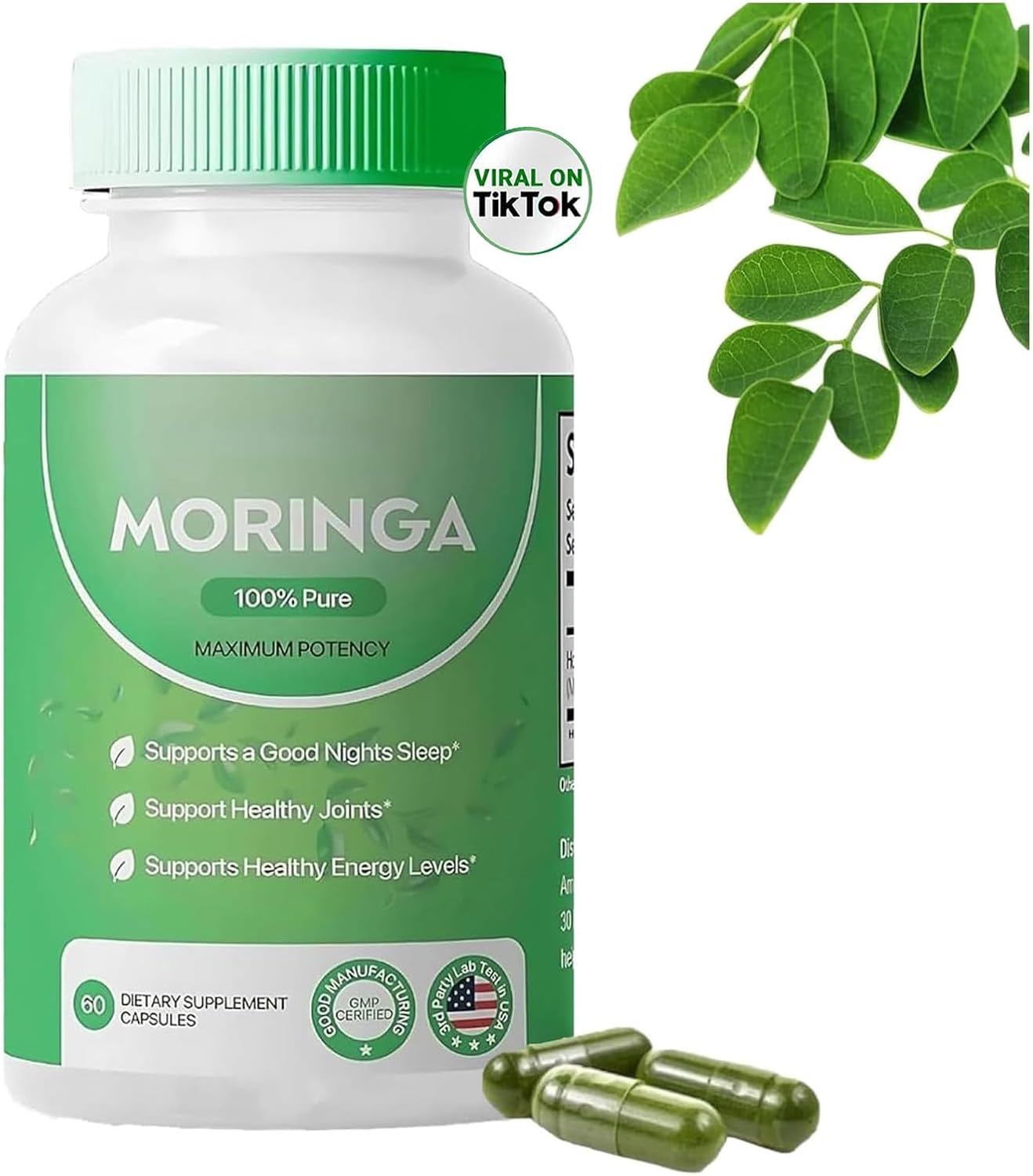 Organic Moringa Powder Capsules - 800mg Antioxidant Superfood for Energy, Skin & Gut - Essential Vitamins & Amino Acids - Non-GMO, 60 Capsules