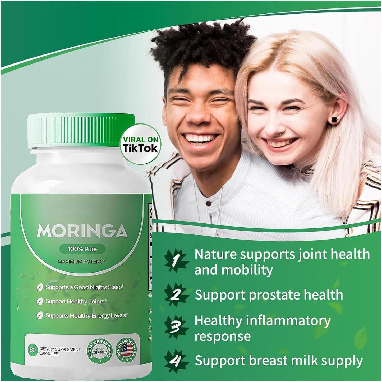 Organic Moringa Powder Capsules - 800mg Antioxidant Superfood for Energy, Skin & Gut - Essential Vitamins & Amino Acids - Non-GMO, 60 Capsules