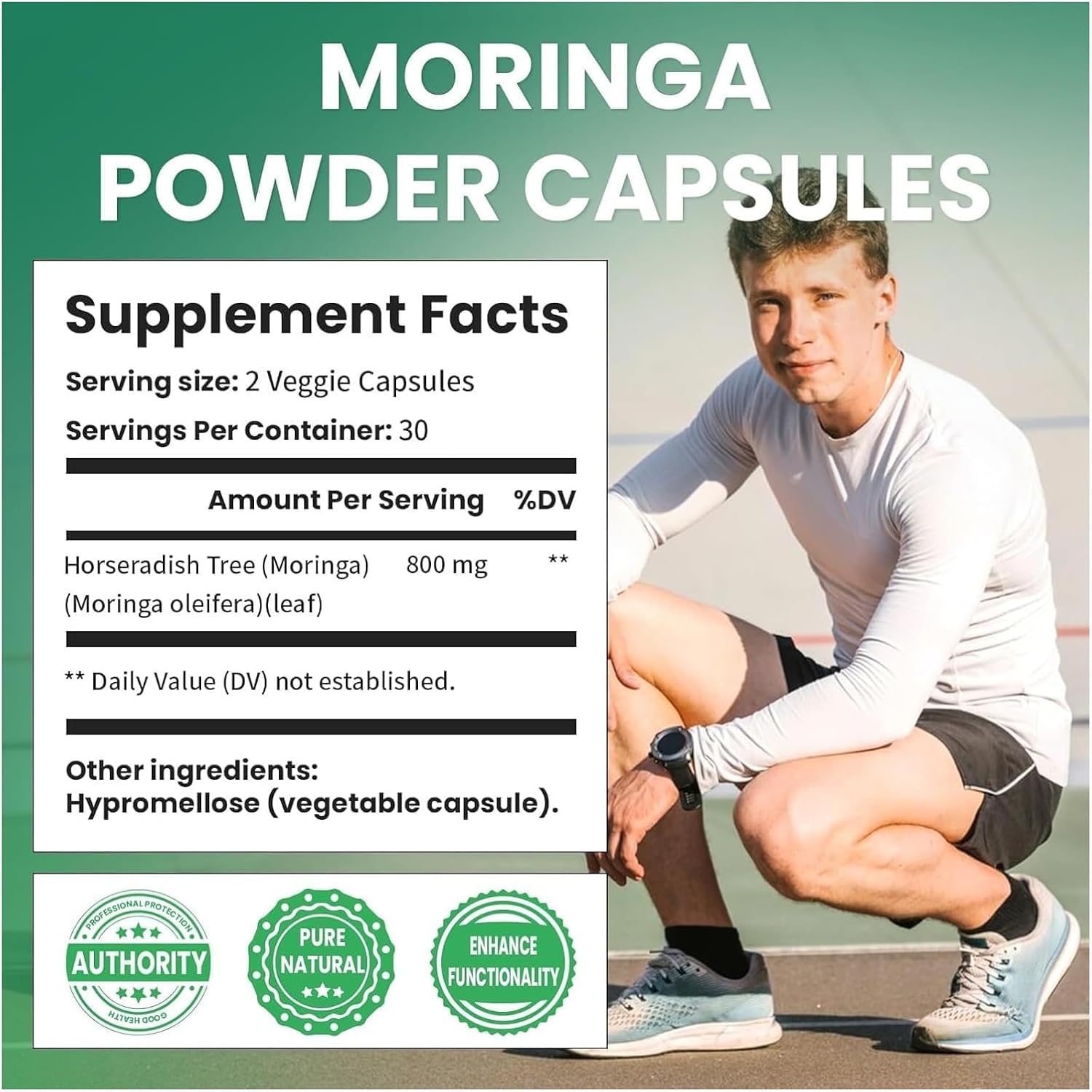 Organic Moringa Powder Capsules - 800mg Antioxidant Superfood for Energy, Skin & Gut - Essential Vitamins & Amino Acids - Non-GMO, 60 Capsules
