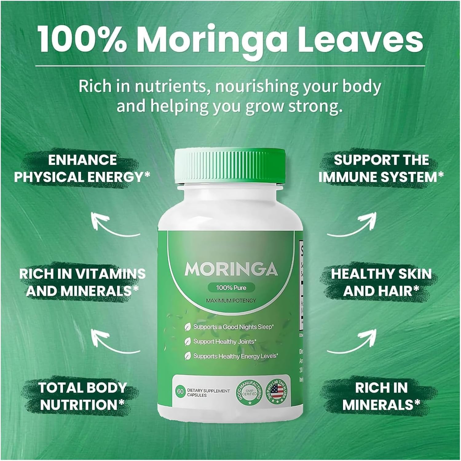 Organic Moringa Powder Capsules - 800mg Antioxidant Superfood for Energy, Skin & Gut - Essential Vitamins & Amino Acids - Non-GMO, 60 Capsules
