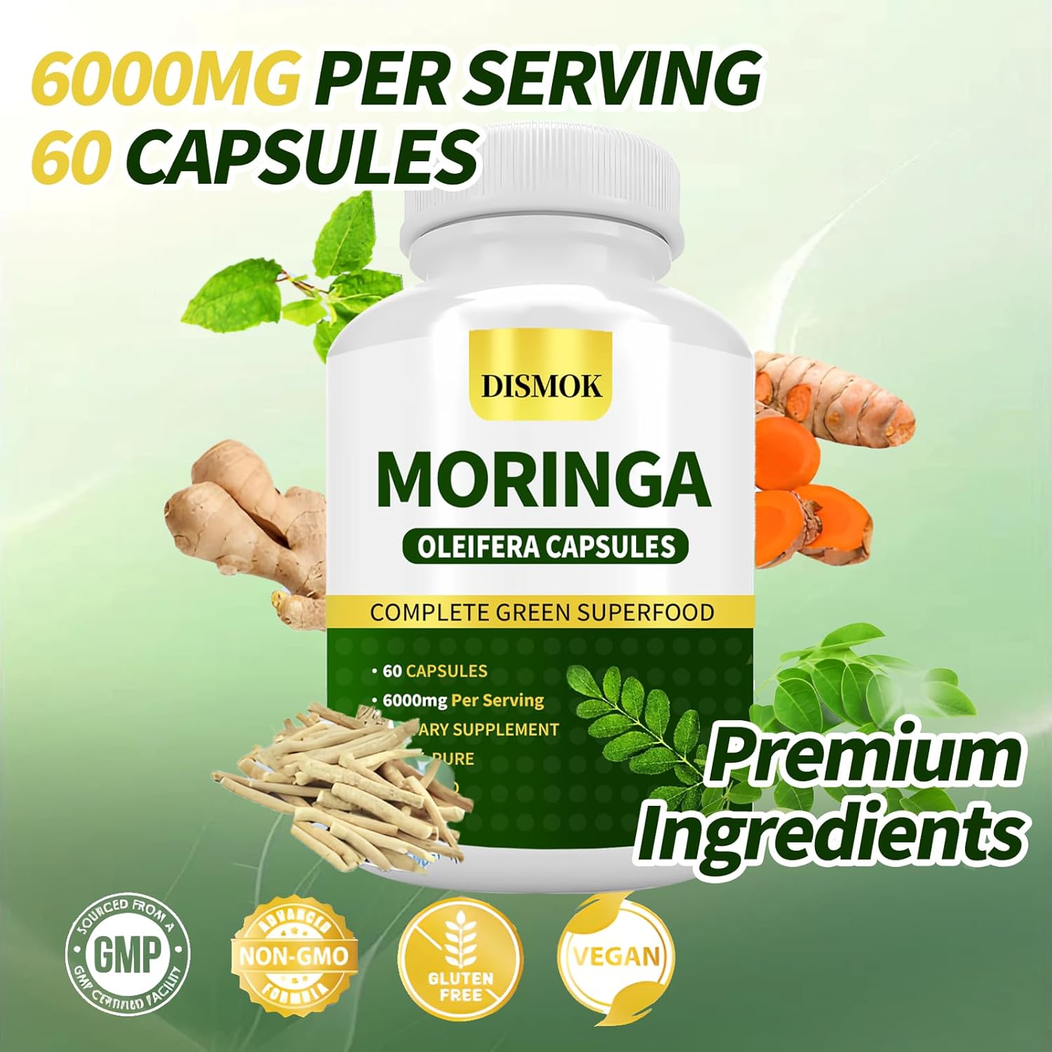 Organic Moringa Powder Capsules - Boost Energy, Metabolism & Immunity - Non-GMO, Pure & Natural - 60 Count