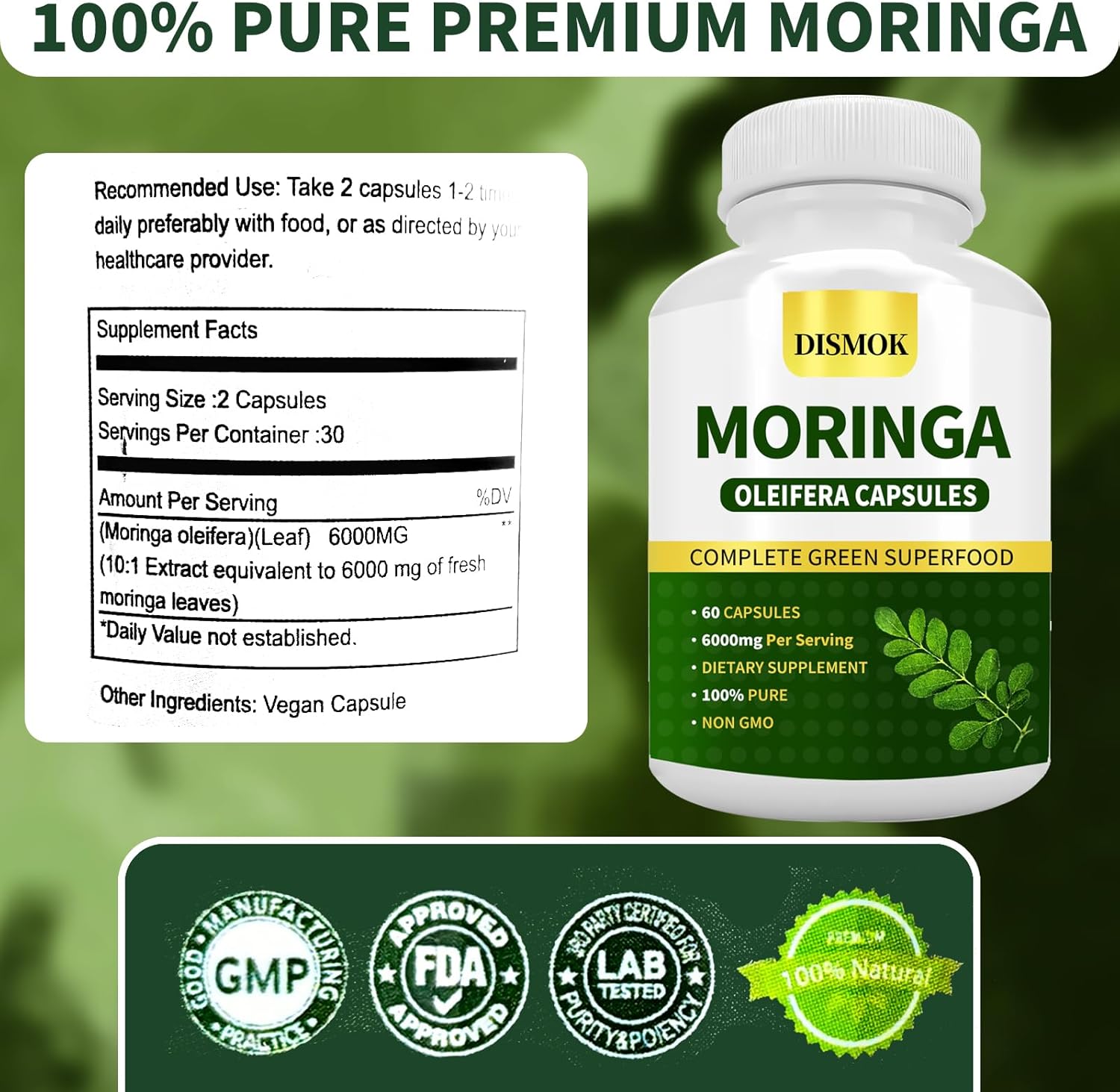 Organic Moringa Powder Capsules - Boost Energy, Metabolism & Immunity - Non-GMO, Pure & Natural - 60 Count