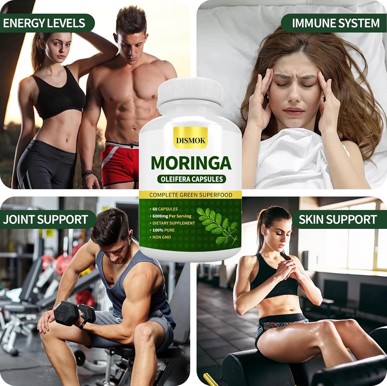 Organic Moringa Powder Capsules - Boost Energy, Metabolism & Immunity - Non-GMO, Pure & Natural - 60 Count