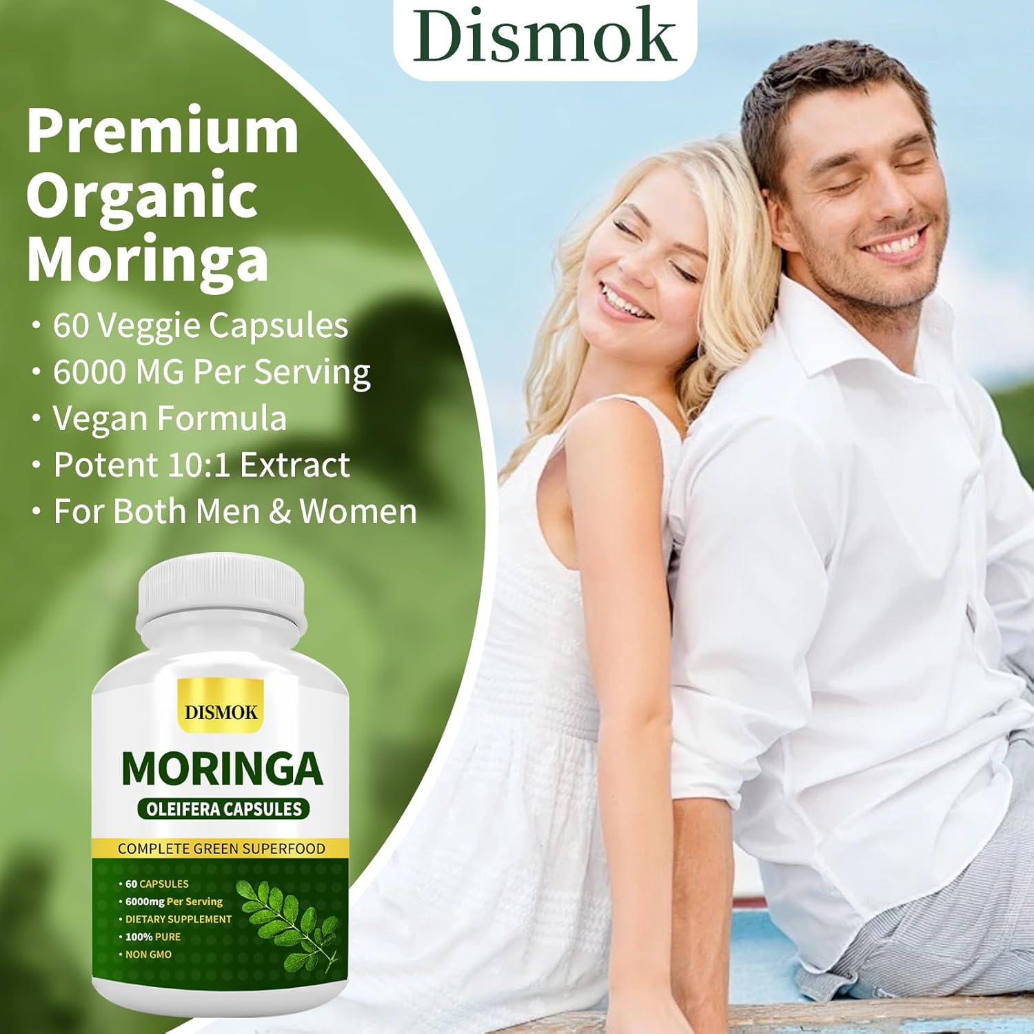 Organic Moringa Powder Capsules - Boost Energy, Metabolism & Immunity - Non-GMO, Pure & Natural - 60 Count