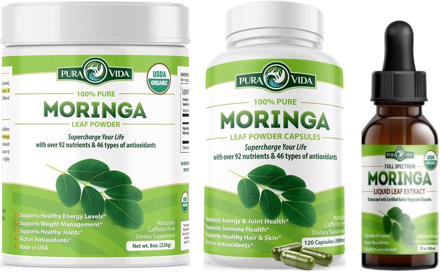 Organic Moringa Powder Capsules (120 Count) & Leaf Extract Drops (2fl oz) - PURA VIDA