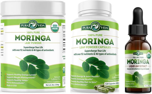 Organic Moringa Powder Capsules (120 Count) & Leaf Extract Drops (2fl oz) - PURA VIDA
