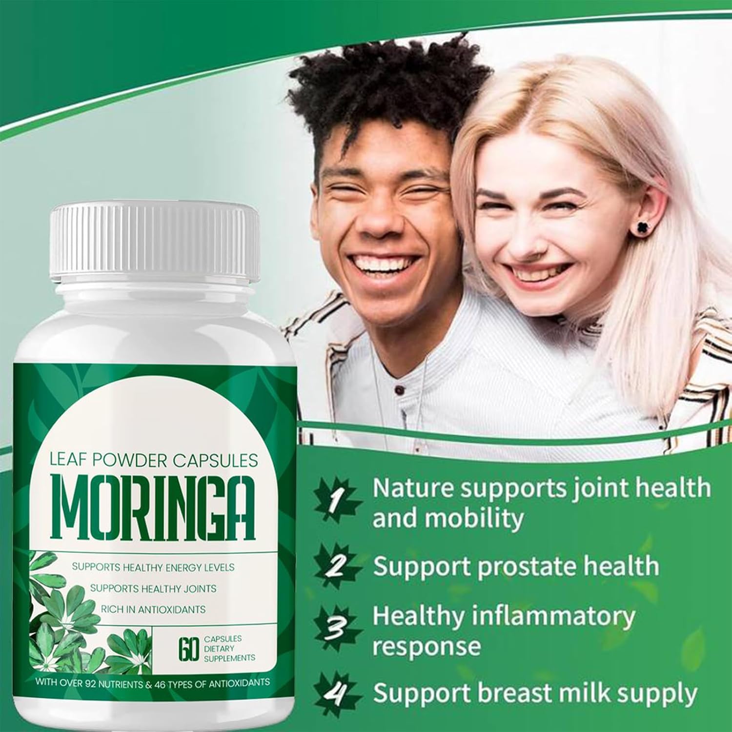 Organic Moringa Powder Capsules 800mg - Energy, Skin Health, Immune Support - 60 Capsules