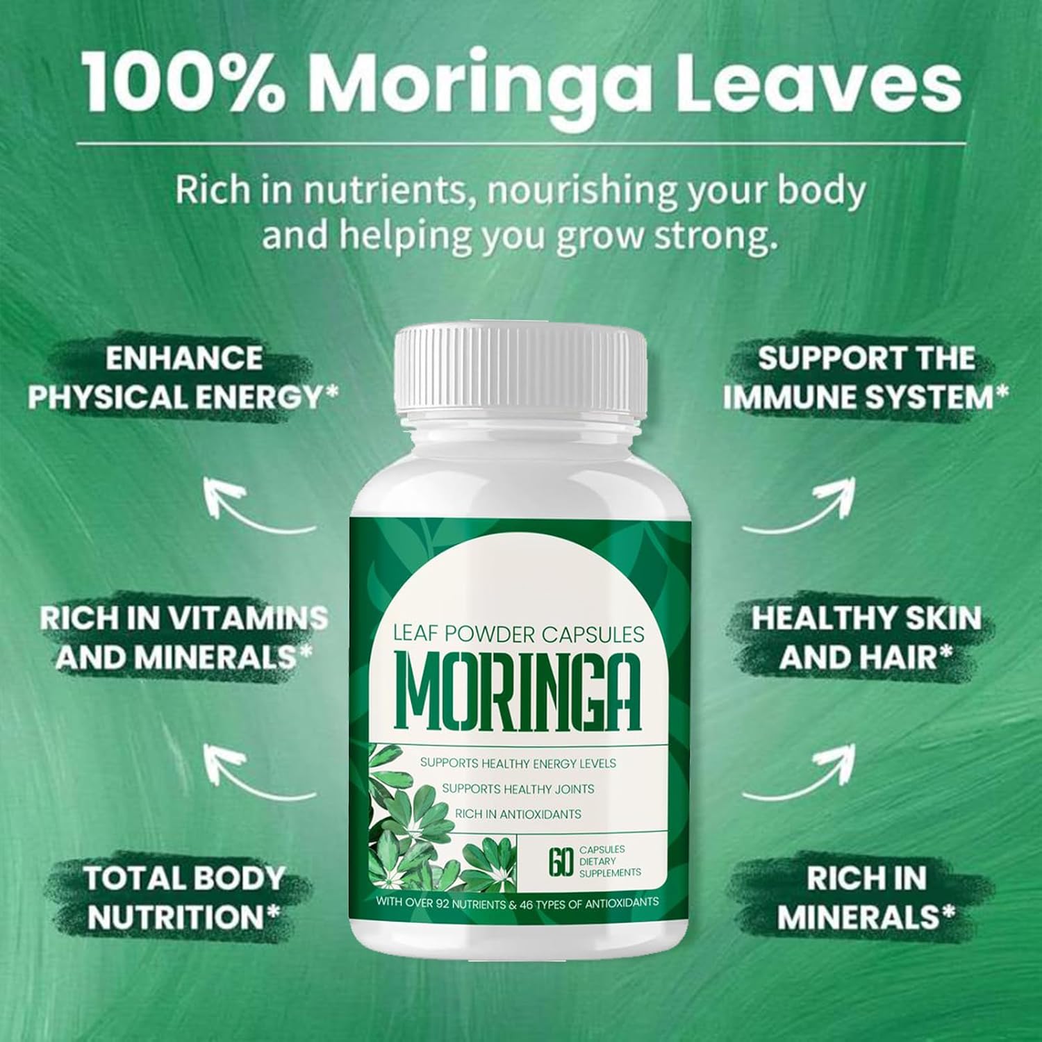 Organic Moringa Powder Capsules 800mg - Energy, Skin Health, Immune Support - 60 Capsules