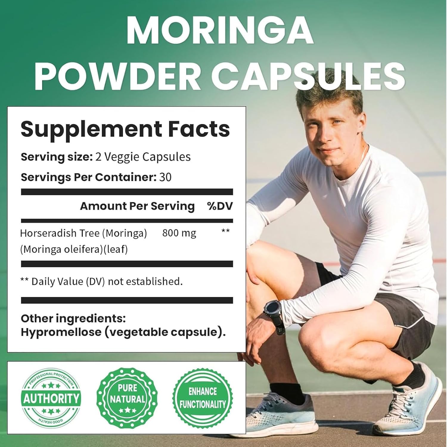 Organic Moringa Powder Capsules 800mg - Energy, Skin Health, Immune Support - 60 Capsules