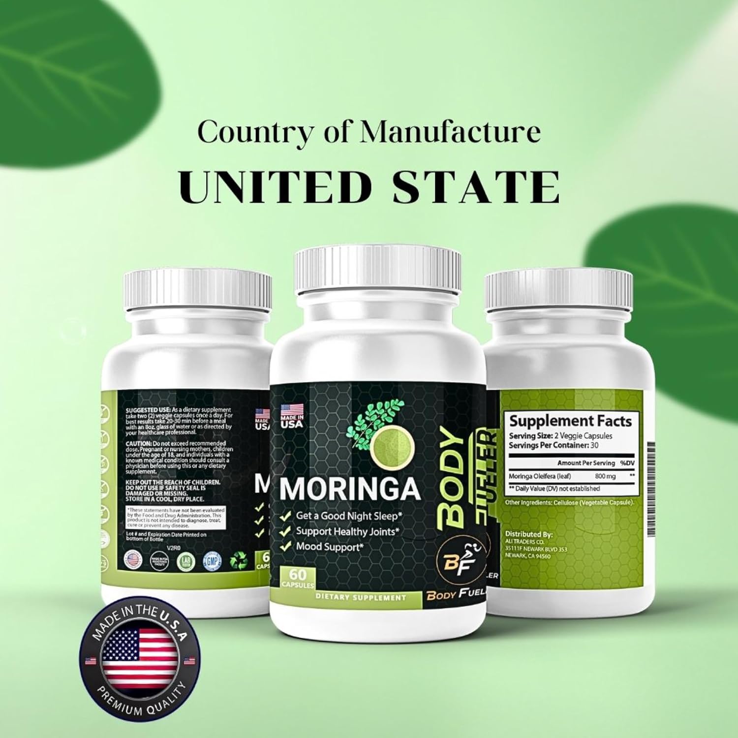 Organic Moringa Powder Capsules 800mg - Nutritional Supplement for Energy, Metabolism, Joint Support, Wellness & Immune - 60 Veg Caps - USA Made