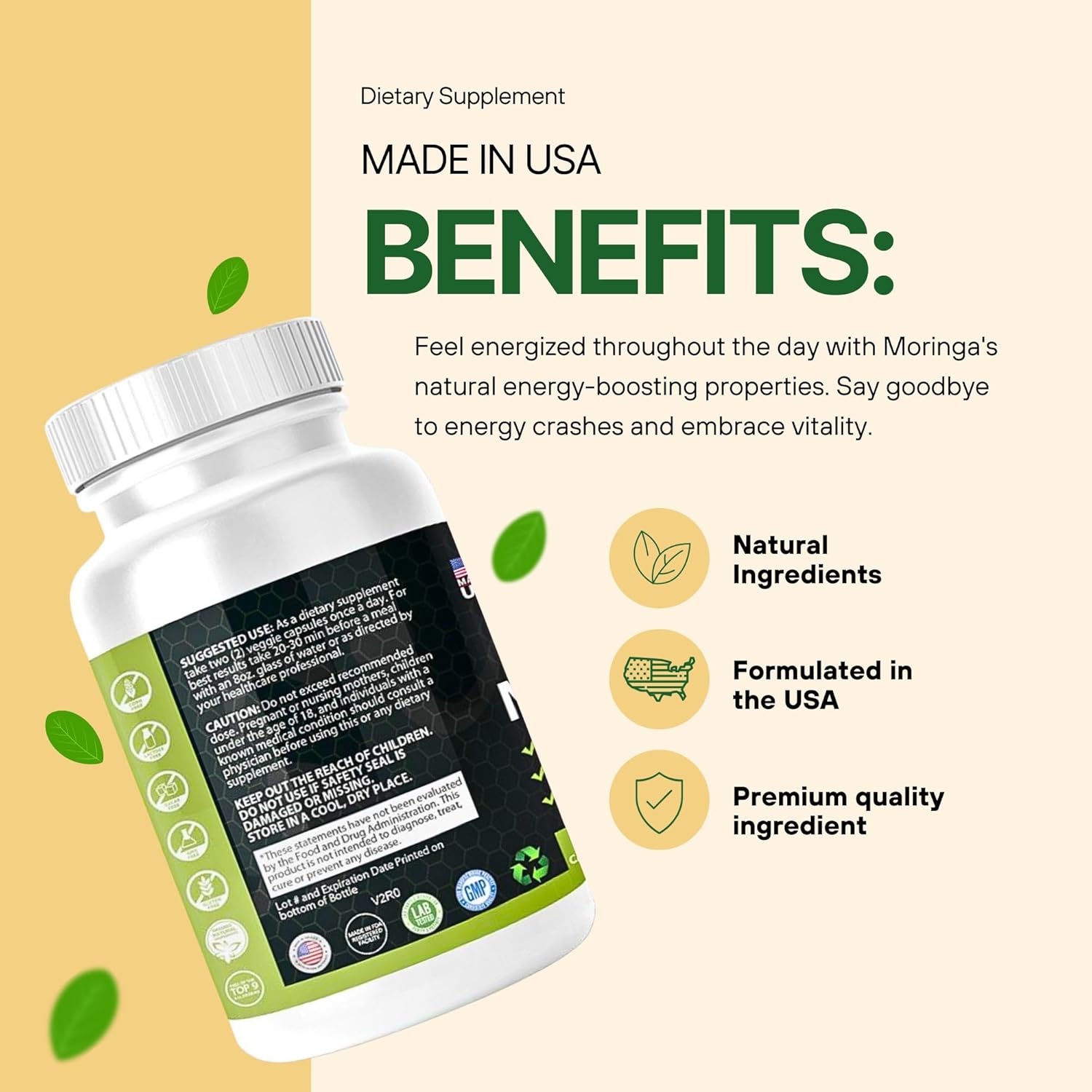 Organic Moringa Powder Capsules 800mg - Nutritional Supplement for Energy, Metabolism, Joint Support, Wellness & Immune - 60 Veg Caps - USA Made