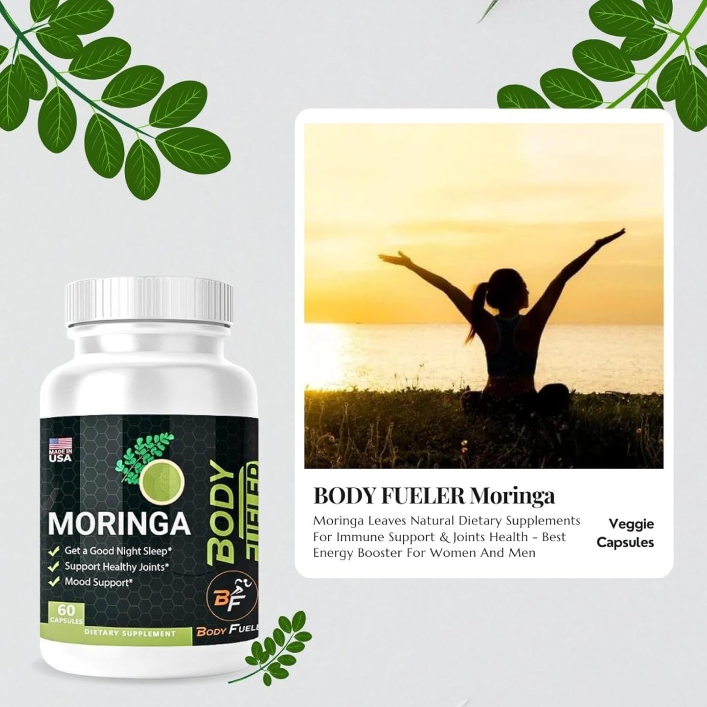Organic Moringa Powder Capsules 800mg - Nutritional Supplement for Energy, Metabolism, Joint Support, Wellness & Immune - 60 Veg Caps - USA Made