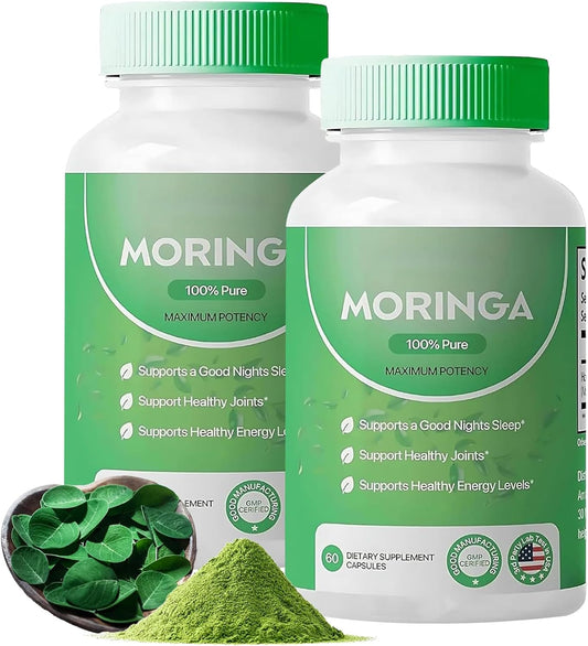 Organic Moringa Powder Capsules with Essential Vitamins & Amino Acids for Energy and Skin Health - 800mg, 2 Pack