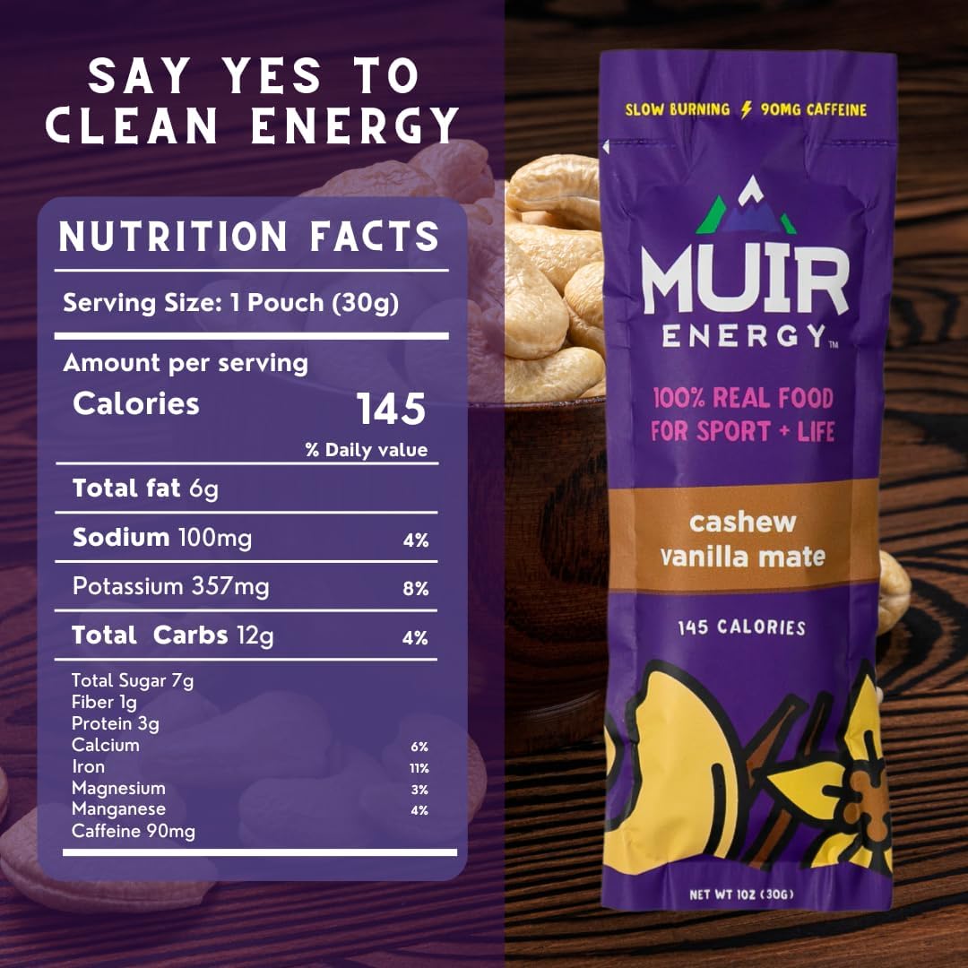 Organic Muir Cashew Vanilla Mate Energy Gel - 10 Pack | Vegan, Paleo, Non-GMO, Gluten-Free Endurance Fuel | Clean Ingredients for Lasting Energy Boost