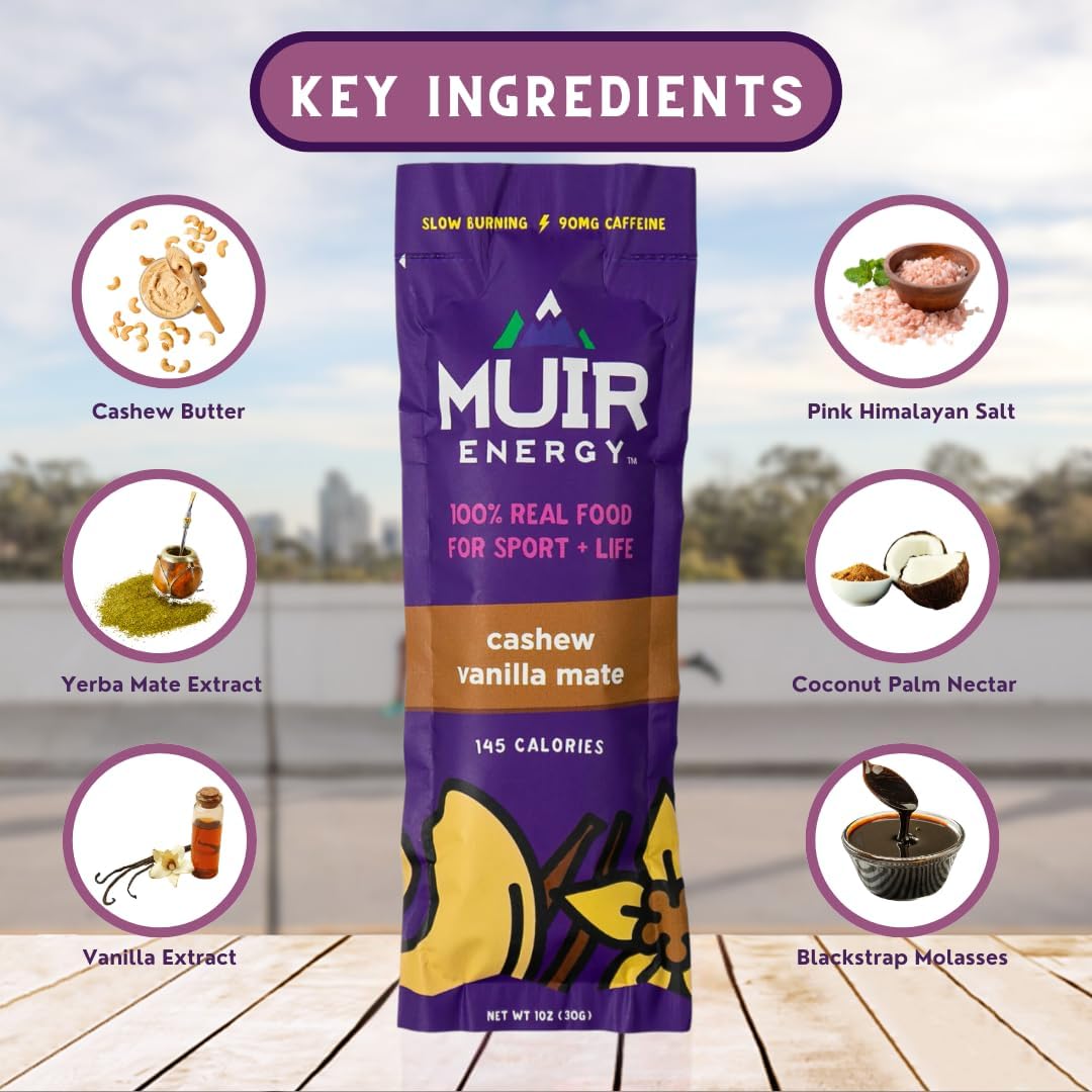 Organic Muir Cashew Vanilla Mate Energy Gel - 10 Pack | Vegan, Paleo, Non-GMO, Gluten-Free Endurance Fuel | Clean Ingredients for Lasting Energy Boost