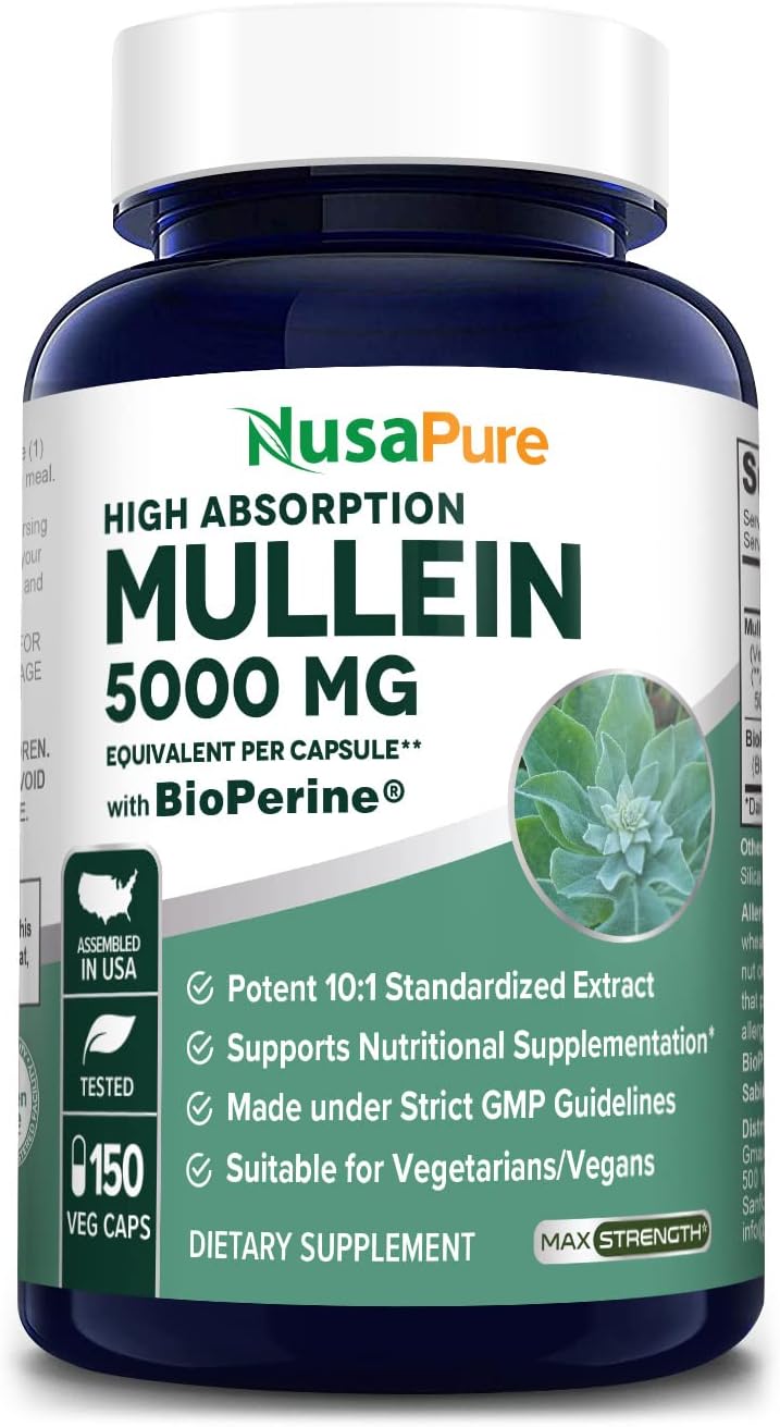 Organic Mullein Leaf Capsules - 5000mg per Veggie Caps - 150 Count - High-Quality Verbascum Thapsus Supplement with Bioperine - Non-GMO & Gluten Free
