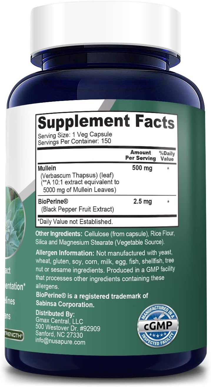 Organic Mullein Leaf Capsules - 5000mg per Veggie Caps - 150 Count - High-Quality Verbascum Thapsus Supplement with Bioperine - Non-GMO & Gluten Free