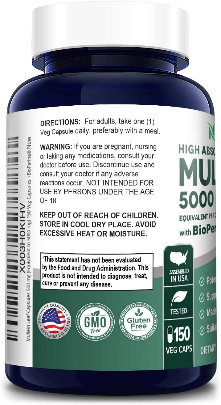 Organic Mullein Leaf Capsules - 5000mg per Veggie Caps - 150 Count - High-Quality Verbascum Thapsus Supplement with Bioperine - Non-GMO & Gluten Free