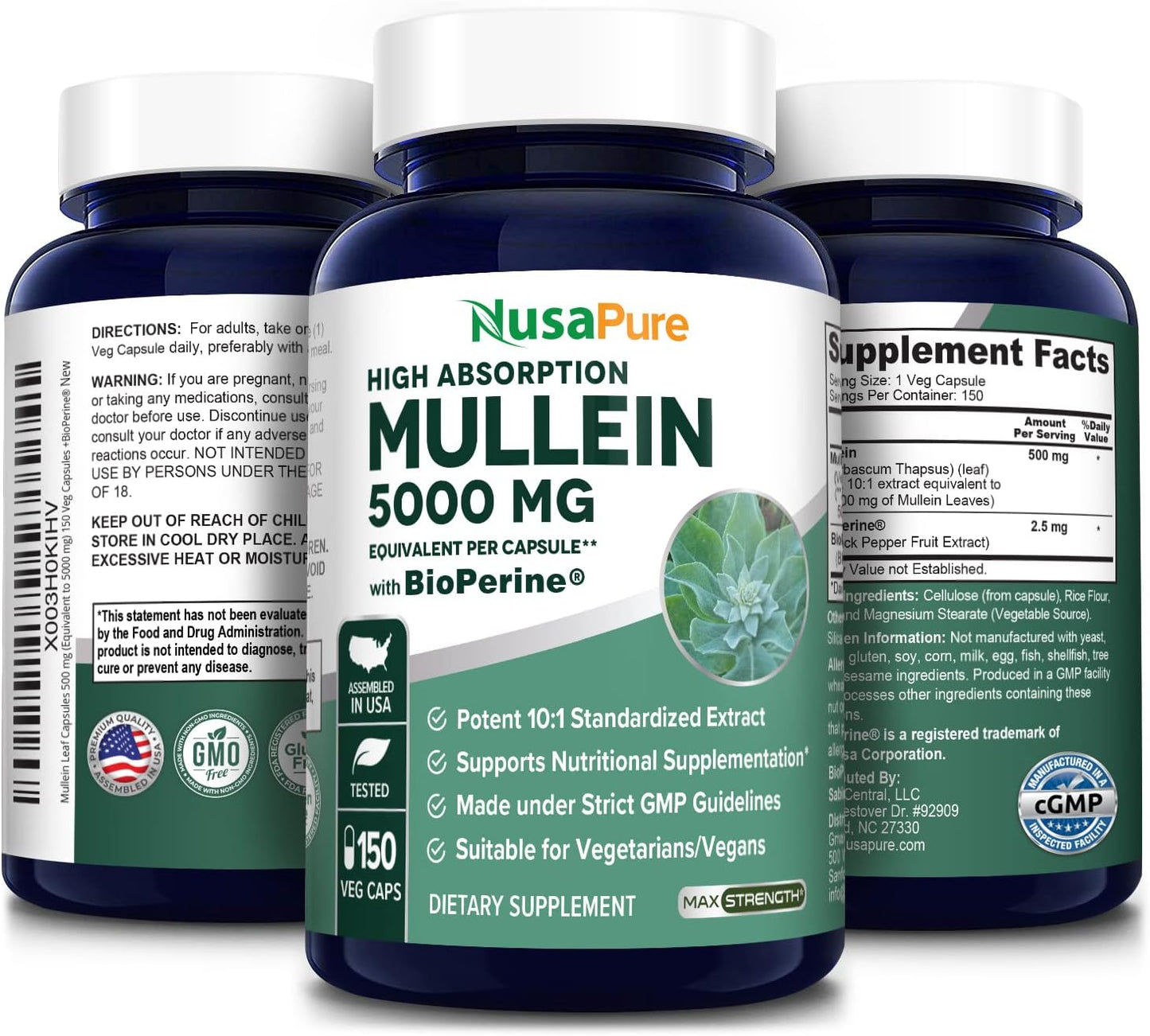 Organic Mullein Leaf Capsules - 5000mg per Veggie Caps - 150 Count - High-Quality Verbascum Thapsus Supplement with Bioperine - Non-GMO & Gluten Free