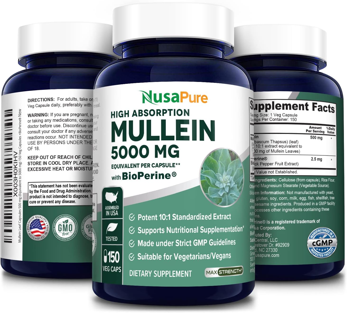 Organic Mullein Leaf Capsules - 5000mg per Veggie Caps - 150 Count - High-Quality Verbascum Thapsus Supplement with Bioperine - Non-GMO & Gluten Free