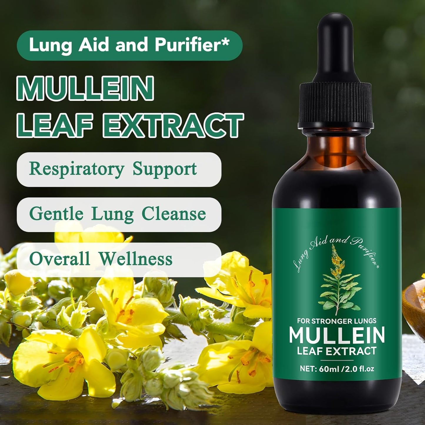Organic Mullein Leaf Extract Drops for Lung Cleanse and Respiratory Function - Immune Support Tincture, Tea, Pills