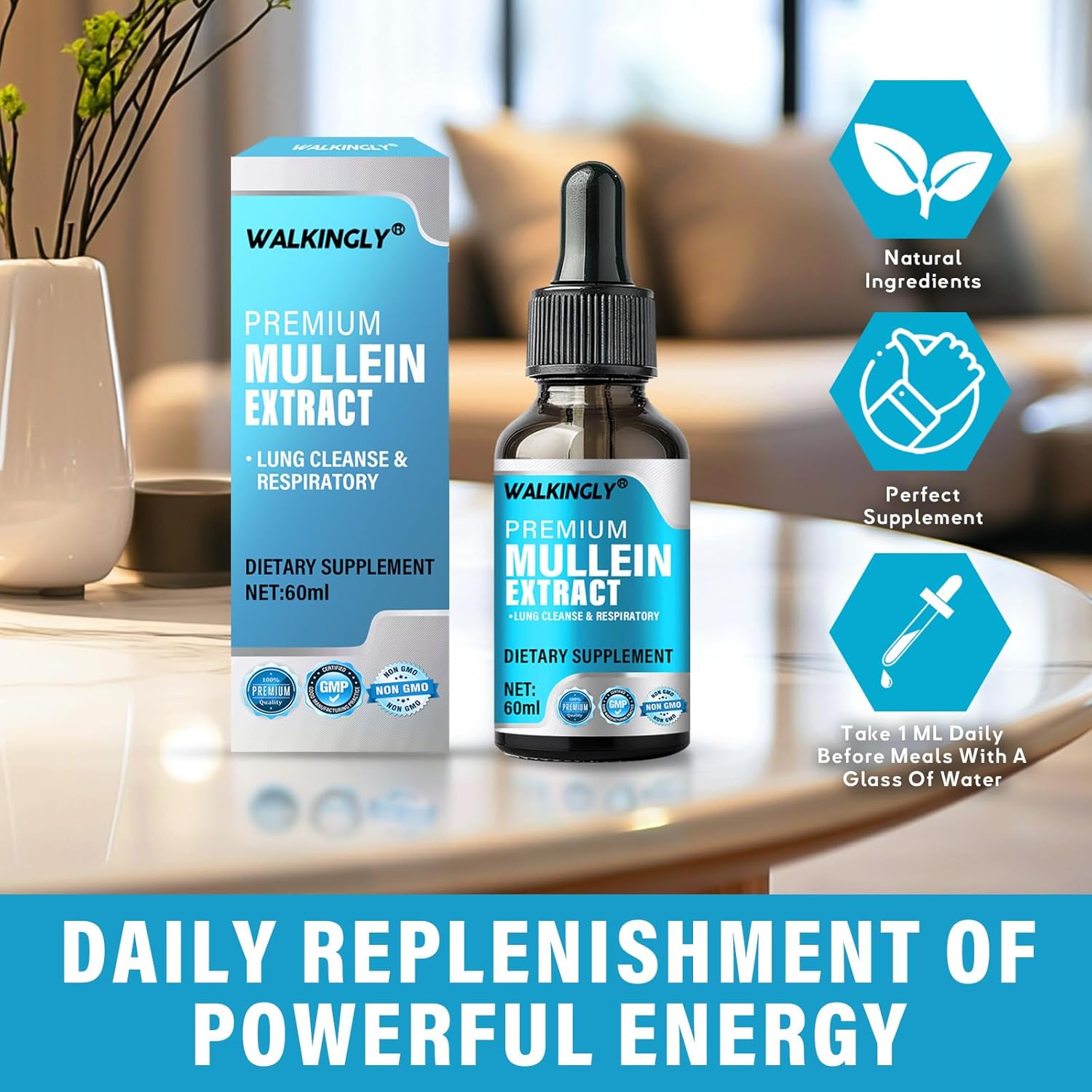 Organic Mullein Leaf Extract Drops for Lung Cleanse and Respiratory Health Support - 2 fl oz