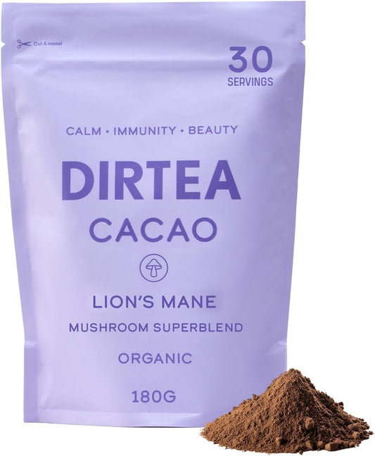 Organic Mushroom Cacao Blend with Lion's Mane & Reishi | 2,500mg/Serving | Sleep, Beauty, Focus | Vegan & Non-GMO | MCT & Moringa | 180g - 30 Servings