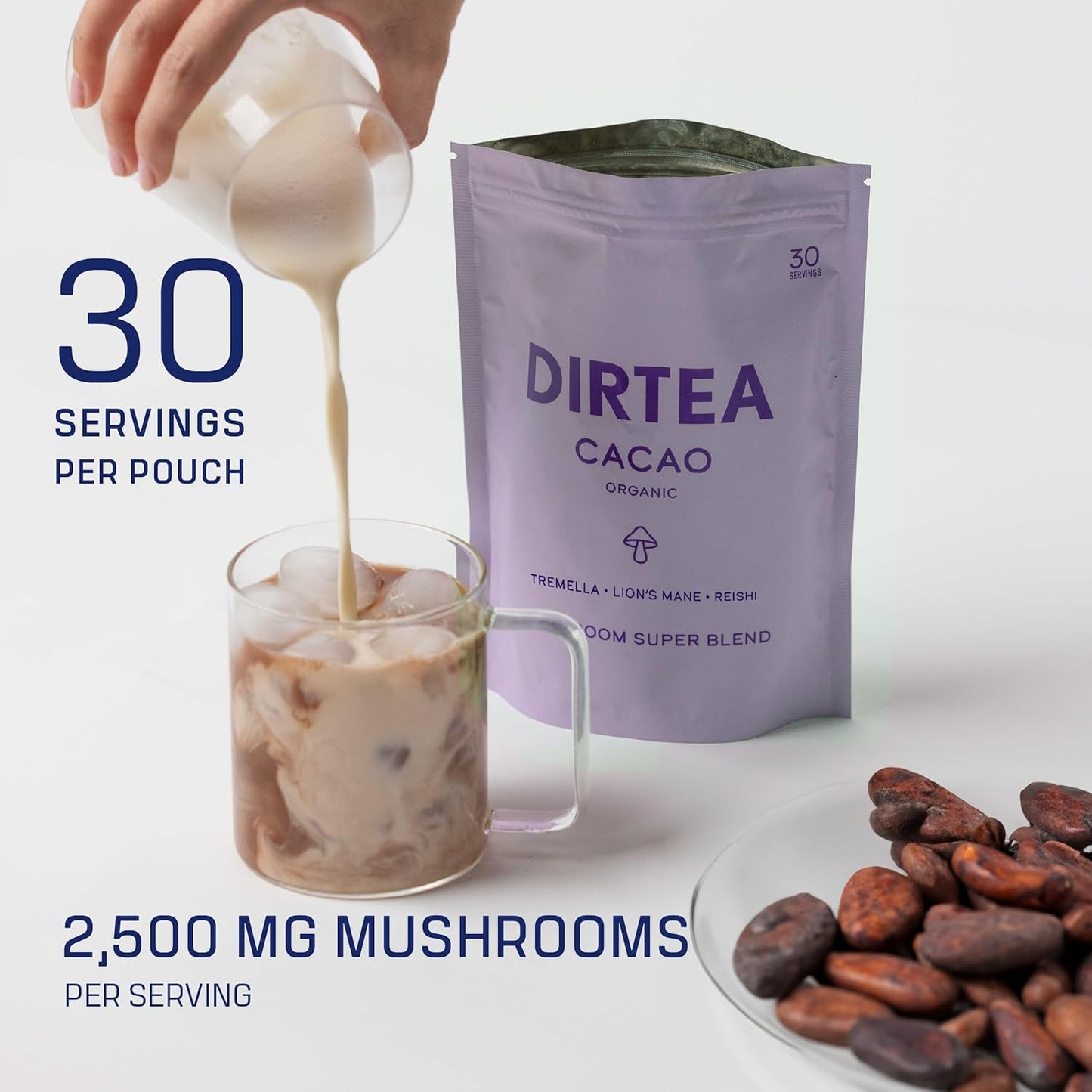 Organic Mushroom Cacao Blend with Lion's Mane & Reishi | 2,500mg/Serving | Sleep, Beauty, Focus | Vegan & Non-GMO | MCT & Moringa | 180g - 30 Servings