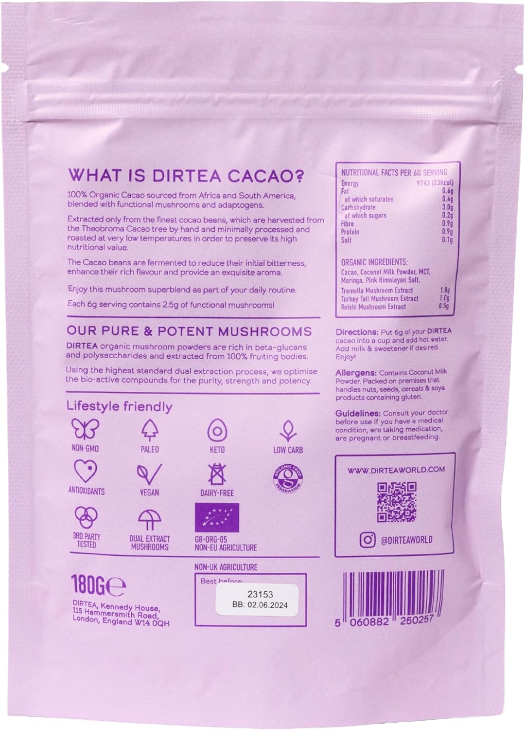 Organic Mushroom Cacao Blend with Lion's Mane & Reishi | 2,500mg/Serving | Sleep, Beauty, Focus | Vegan & Non-GMO | MCT & Moringa | 180g - 30 Servings